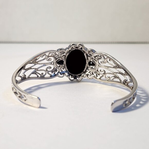 VTG Natural Opal & Onyx Platinum Clad Open Cuff Filigree Ornate Bracelet - Picture 6 of 15